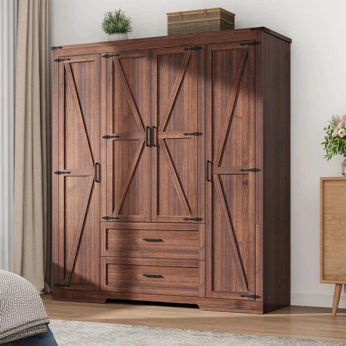 70.10" Farmhouse 4 Door Armoire Wardrobe With 2 Drawers, Hanging Rod And 2 Adjustable Shelves For Bedroom