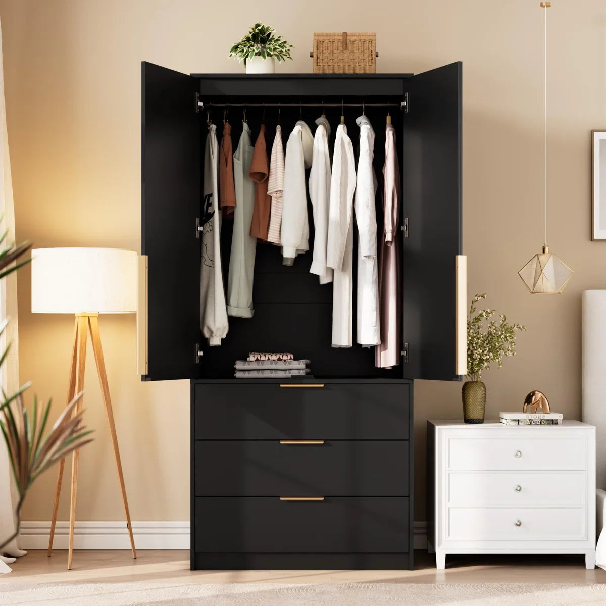 Armoire Wardrobe Closet, 69.5" Wooden Wardrobe Cabinet with 3 Drawers, Hanging Rod, 2 Doors Clothing Storage Cabinet for Bedroom, Large Capacity Storage, Rattan Door