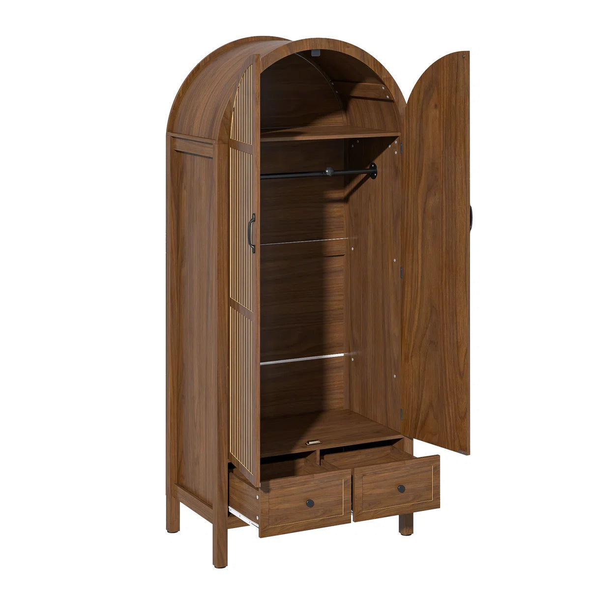 Armoire Wardrobe Closet with 2 Arched Fluted Doors, Wardrobe Cabinet with 2 Drawers, Wardrobe Armoire with Shelves and Hanging Rod for Bedroom