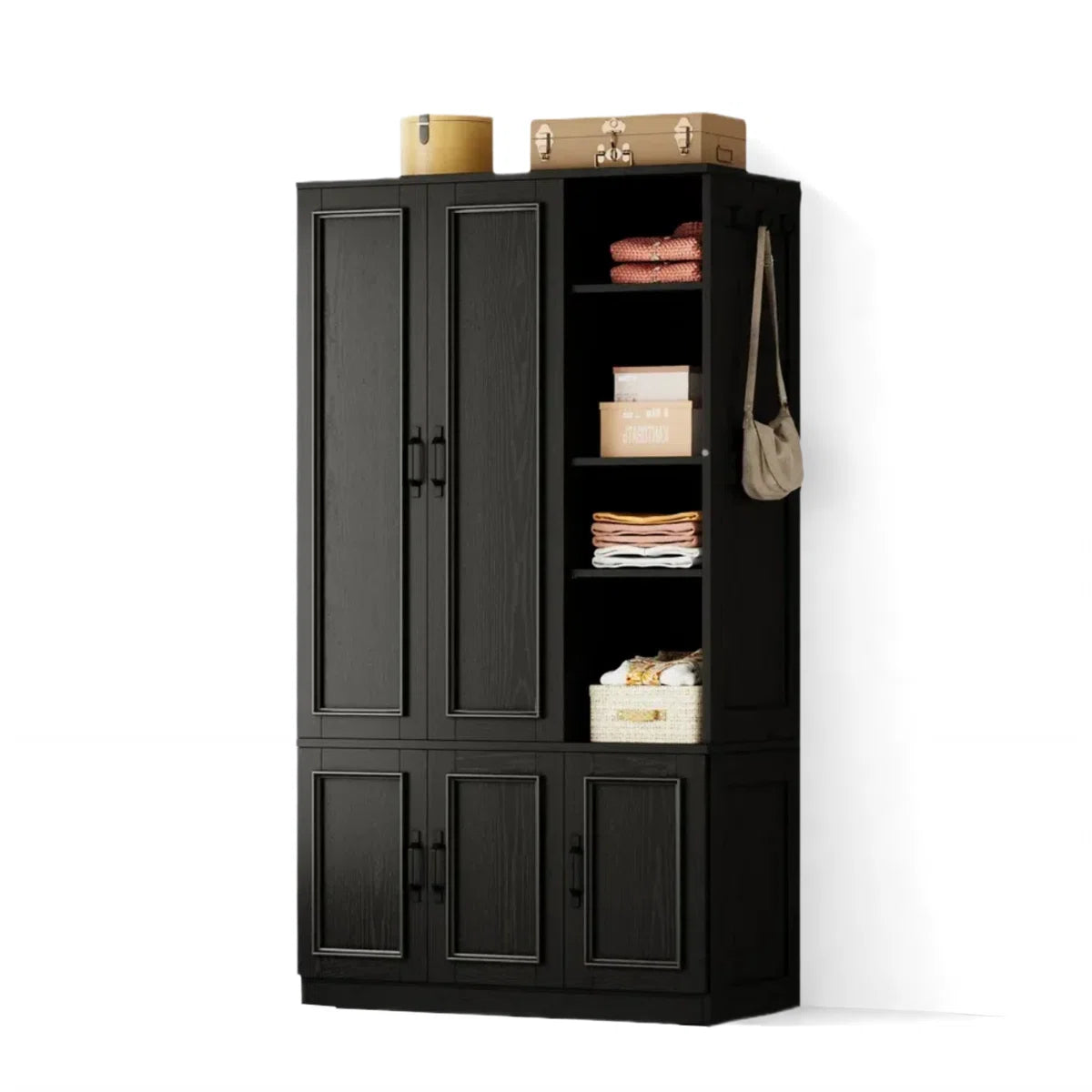 5-Door Wooden Wardrobe With Hanging Poles & 4 Open Storage Shelves, 70” Armoire For Hanging Clothes