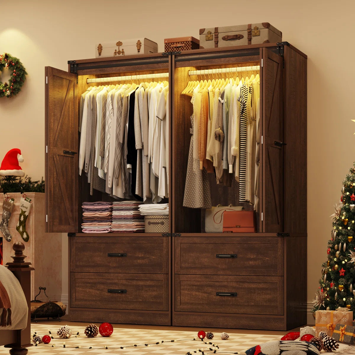 72.8"H Farmhouse Armoire Wardrobe Closet With Sensor Light And 2 Drawer, Folding Sliding Barn Door Armoire Cabinet With Hanging Rod For Bedroom