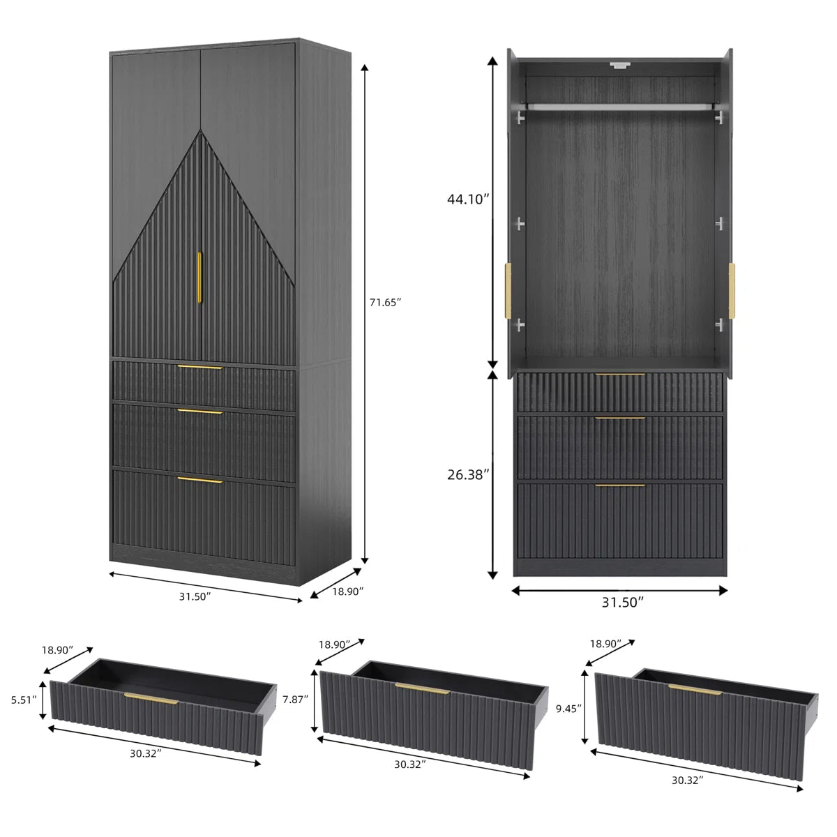2 Doors Armoire Wardrobe With Three Large Drawers And Hidden Storage