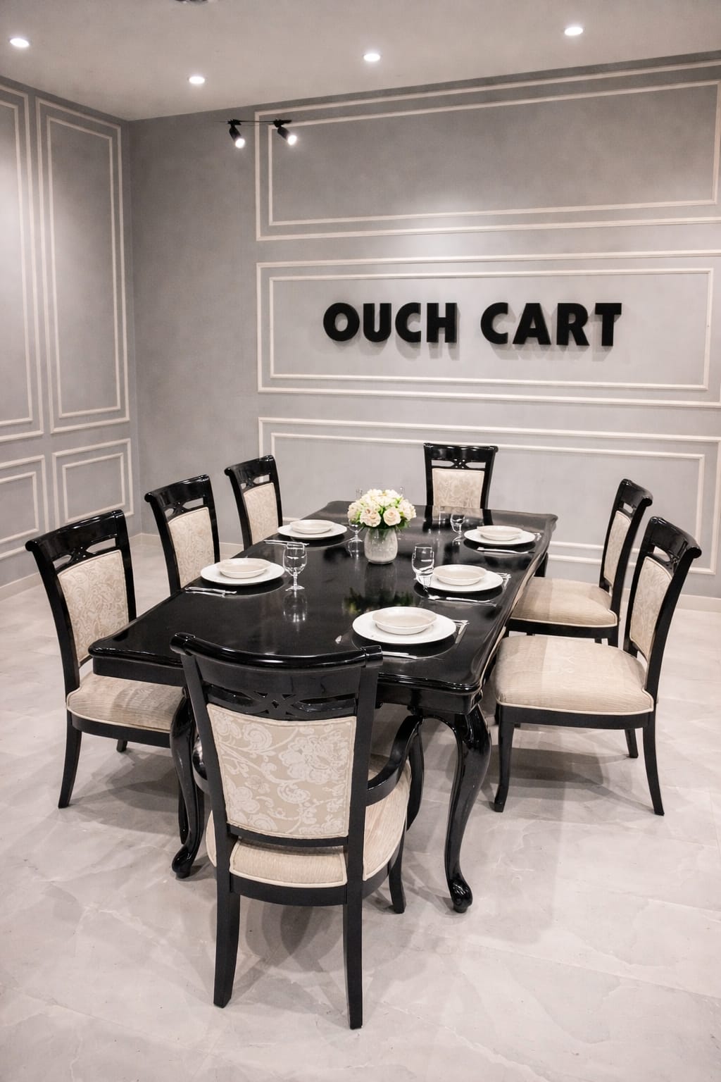 Luxury Black High Gloss 8-Seater Dining Table Set with Upholstered Chairs