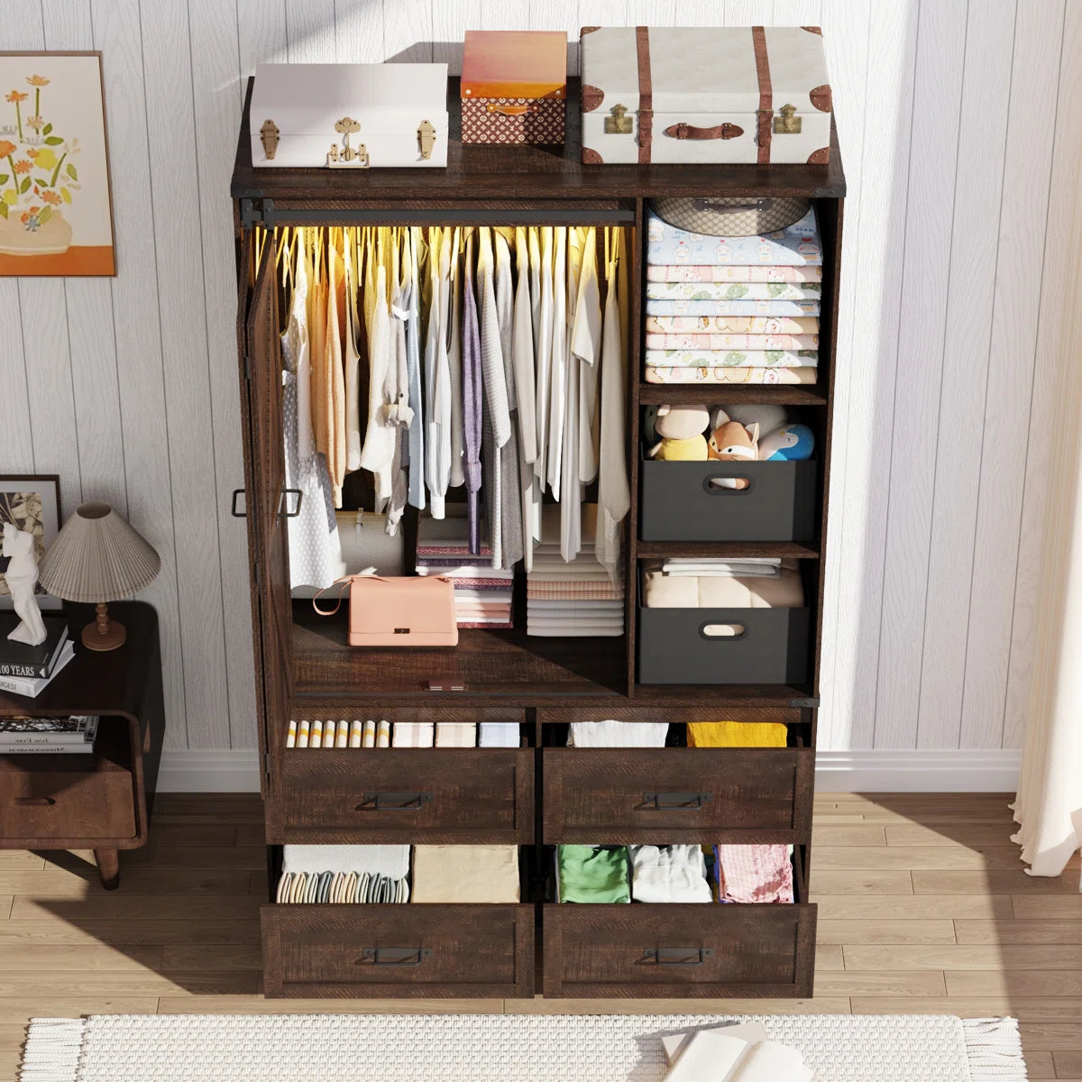 73.00''H Armoire Wardrobe With Sensor Light, Drawers, And Hanging Rod
