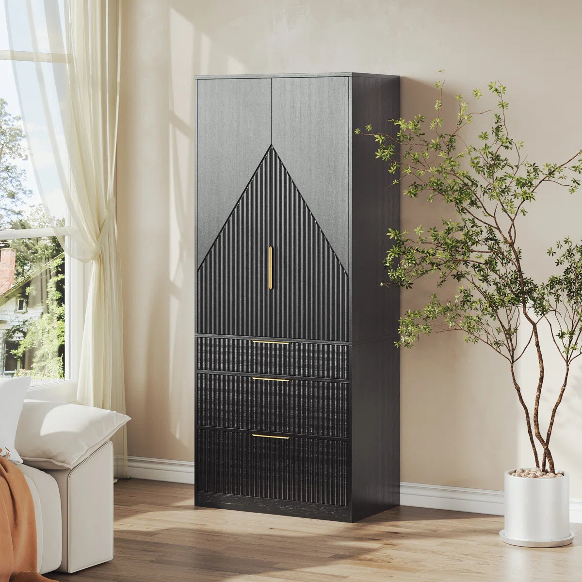 2 Doors Armoire Wardrobe With Three Large Drawers And Hidden Storage