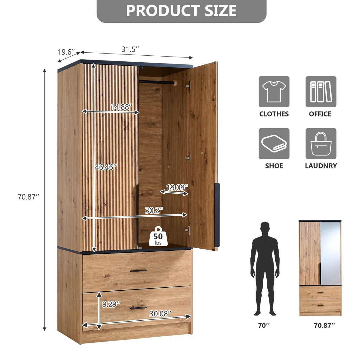 71" H Armoire Wardrobe Wood Cabinet With 2 Drawers and Mirror