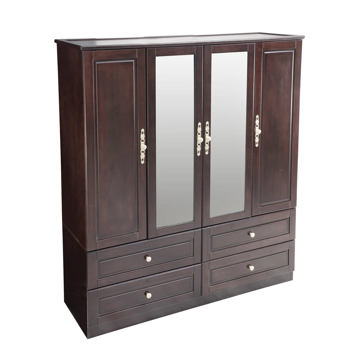 4 Doors Wardrobe Armoire 100% Soild Wood Storage Cabinet With Mirrors, 70.87"H Wardrobe Closet With 4 Drawers and 2 Hanging Rods, Dark Brown Finish