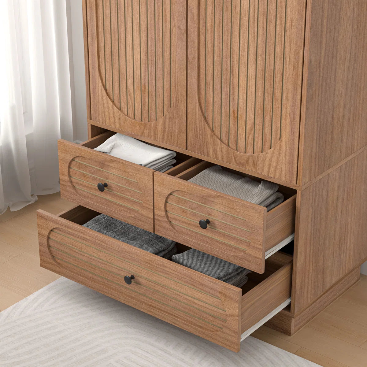 Armoire Wardrobe Closet, Wardrobe Armoire With 3 Drawers And 2 Fluted Doors, Wardrobe Cabinet With Shelves And Hanging Rod, Freestanding Armoire Cabinet