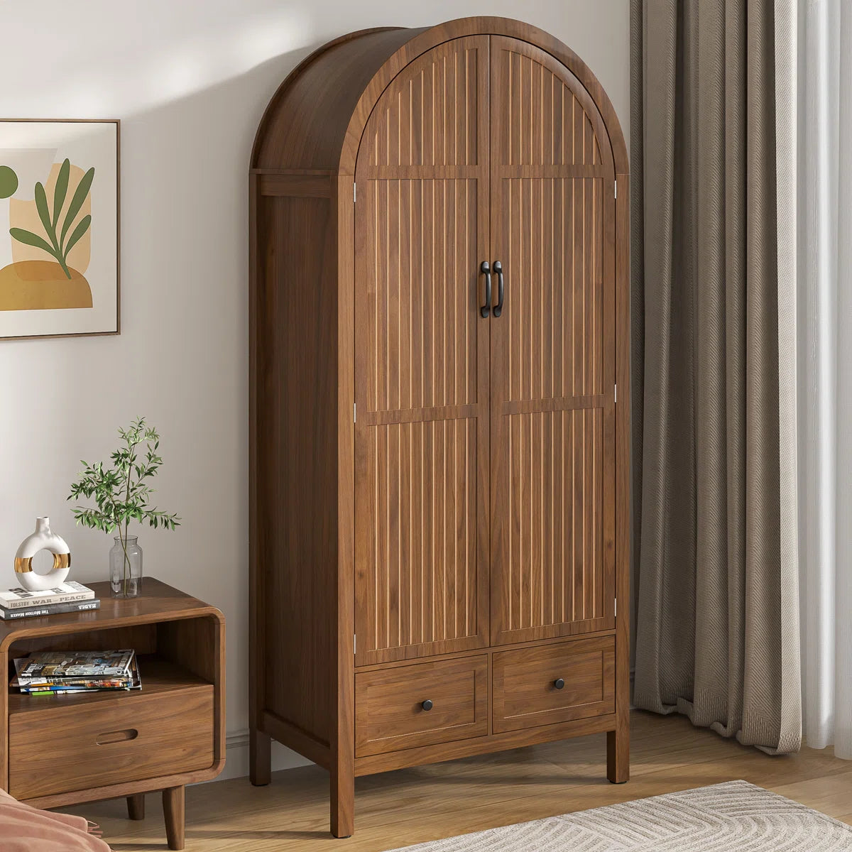 Armoire Wardrobe Closet with 2 Arched Fluted Doors, Wardrobe Cabinet with 2 Drawers, Wardrobe Armoire with Shelves and Hanging Rod for Bedroom