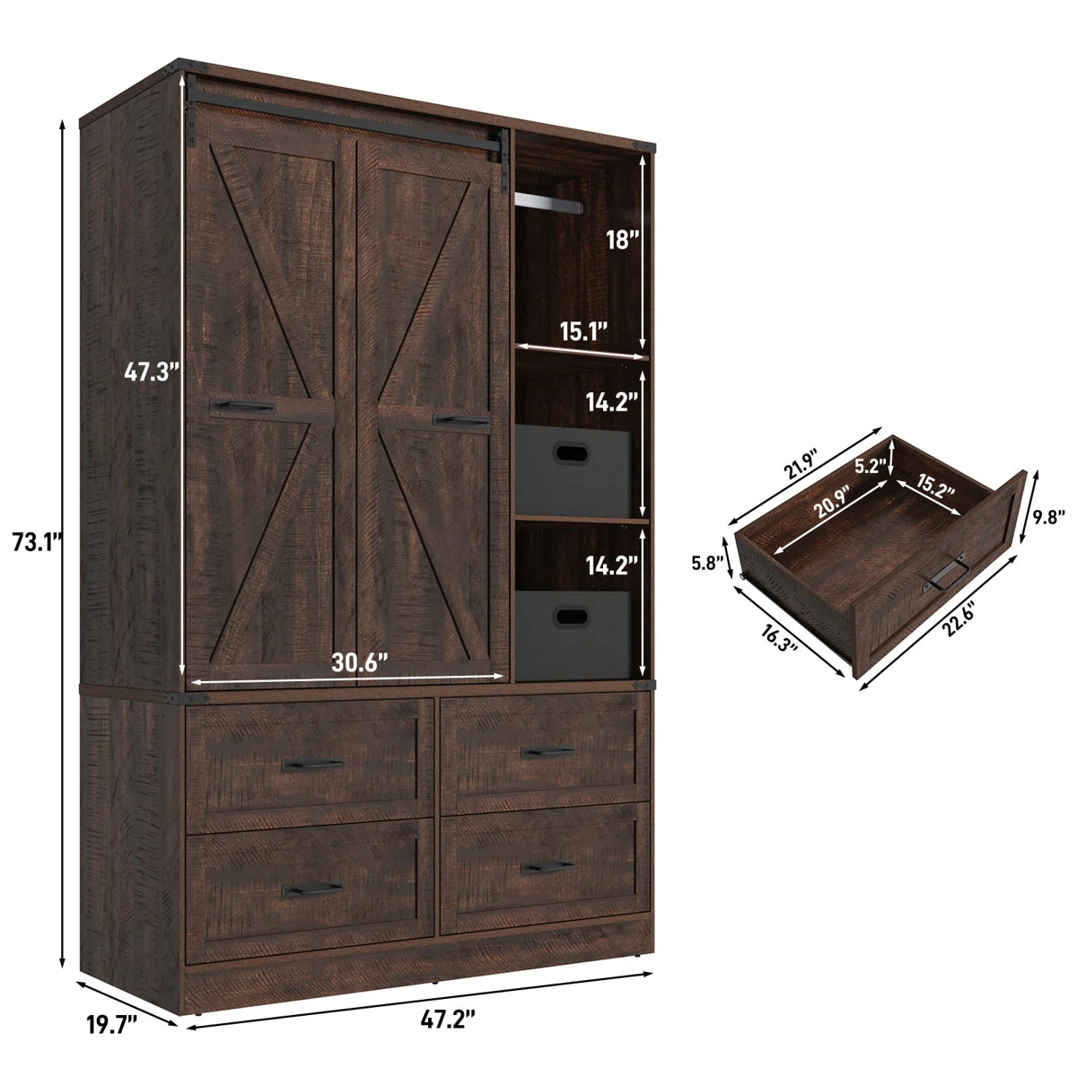73.00''H Armoire Wardrobe With Sensor Light, Drawers, And Hanging Rod