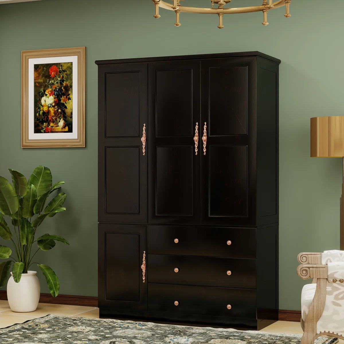 100% Solid Wood Armoire Wardrobe Closet with 3 Doors, Cabinet Storage Cabinet Solid Wood with 3 Drawers, Solid Wood Large Armoire Closet with a Hanging Rod for Bedroom Solid Wood with Expresso Finish