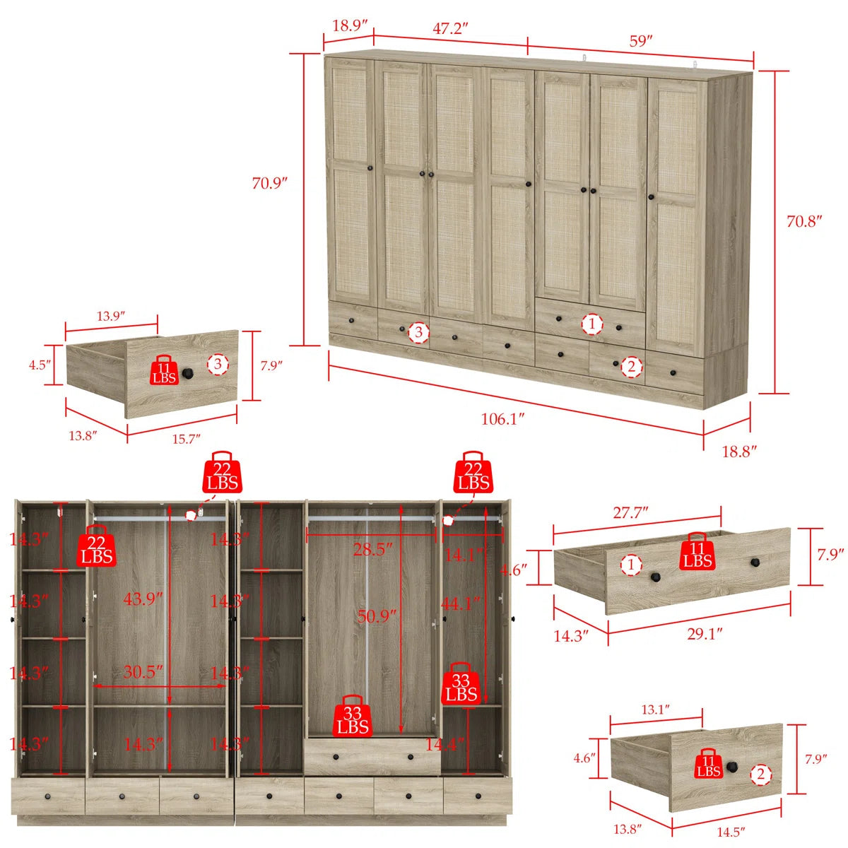Bedroom Set With 2 Rustic Wardrobes