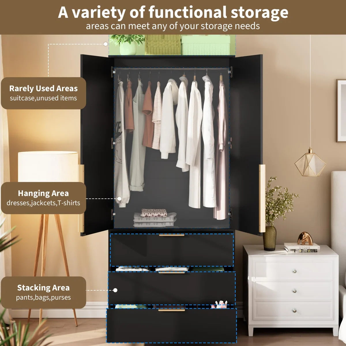 Armoire Wardrobe Closet, 69.5" Wooden Wardrobe Cabinet with 3 Drawers, Hanging Rod, 2 Doors Clothing Storage Cabinet for Bedroom, Large Capacity Storage, Rattan Door