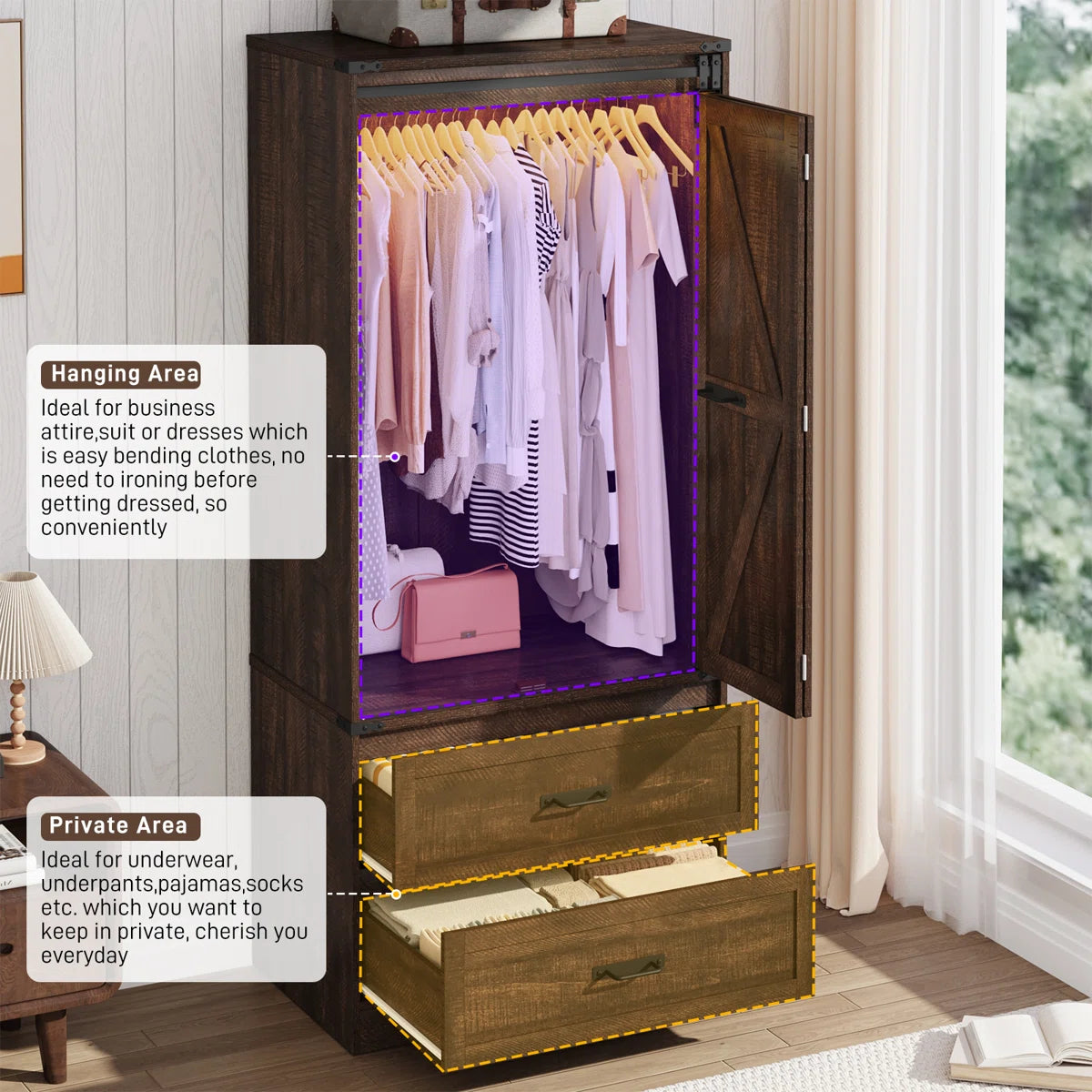 72.8"H Farmhouse Armoire Wardrobe Closet With Sensor Light And 2 Drawer, Folding Sliding Barn Door Armoire Cabinet With Hanging Rod For Bedroom