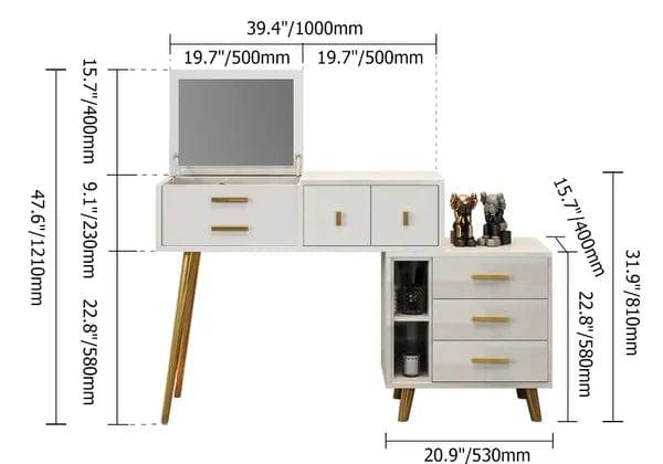 Valentina White Makeup Vanity Extendable Dressing Table with Mirror with Stool Vanity Desk, Makeup Vanity with Mirror, White Desk with Drawers, Makeup Vanity Desk, for Bedroom - Ouch Cart 