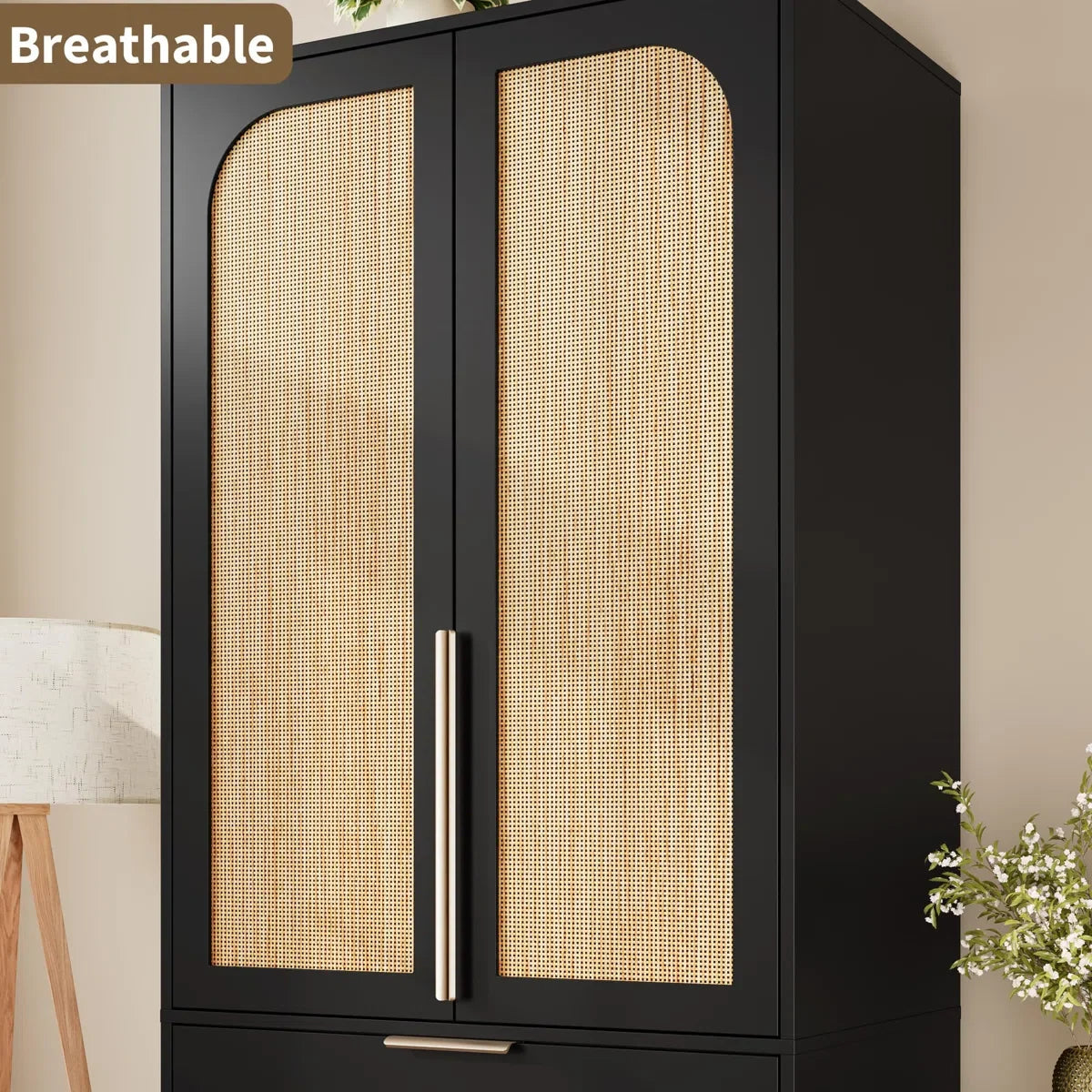 Armoire Wardrobe Closet, 69.5" Wooden Wardrobe Cabinet with 3 Drawers, Hanging Rod, 2 Doors Clothing Storage Cabinet for Bedroom, Large Capacity Storage, Rattan Door