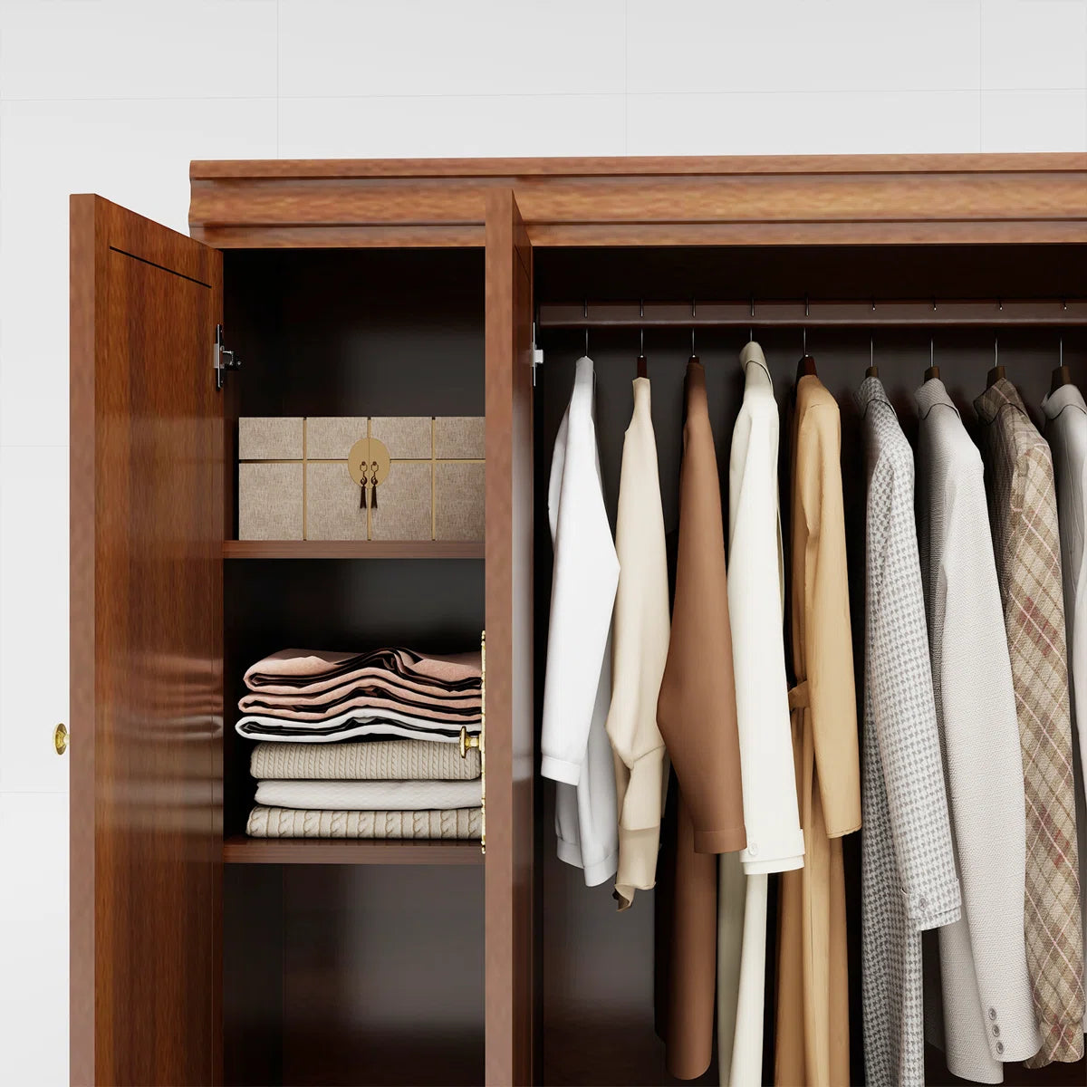 100% Solid Wood Wardrobe Armoire, Farmhouse 4-door 70.87"H Bedroom Armoire Closet with Drawer and Hanging Rod