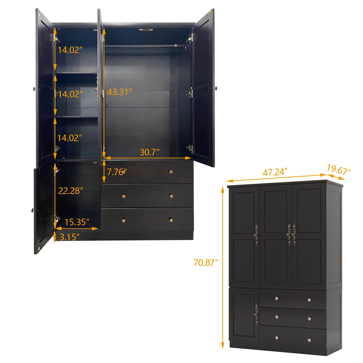 100% Solid Wood Armoire Wardrobe Closet with 3 Doors, Cabinet Storage Cabinet Solid Wood with 3 Drawers, Solid Wood Large Armoire Closet with a Hanging Rod for Bedroom Solid Wood with Expresso Finish