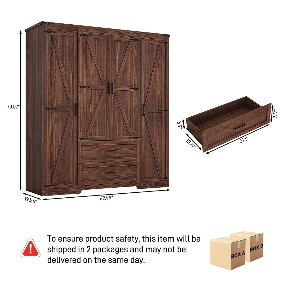 70.10" Farmhouse 4 Door Armoire Wardrobe With 2 Drawers, Hanging Rod And 2 Adjustable Shelves For Bedroom