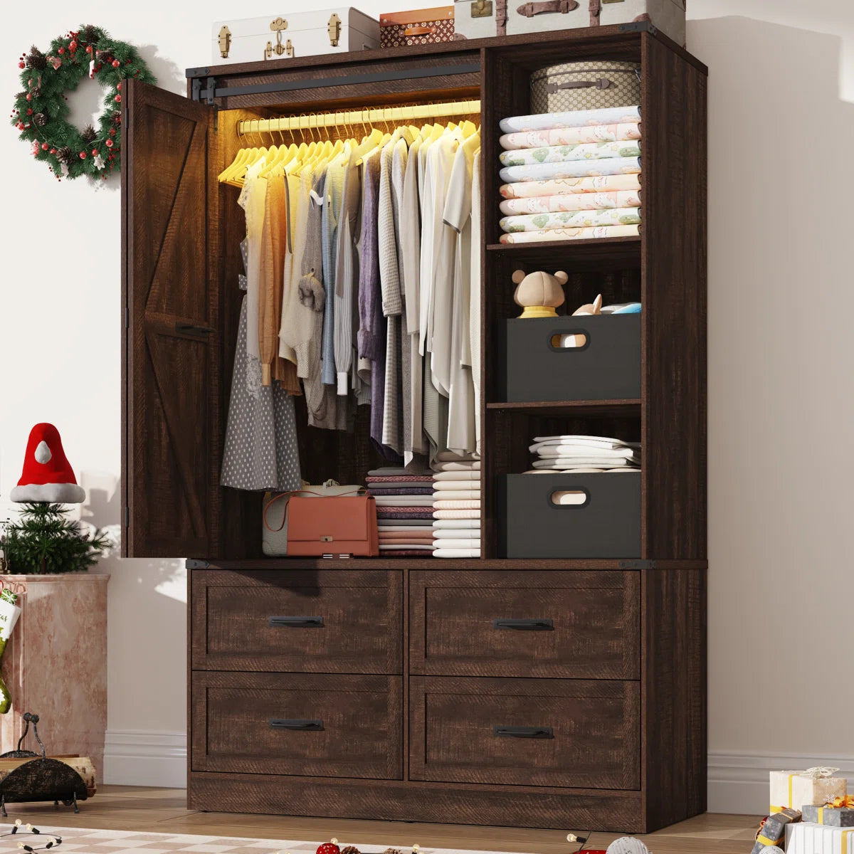 73.00''H Armoire Wardrobe With Sensor Light, Drawers, And Hanging Rod
