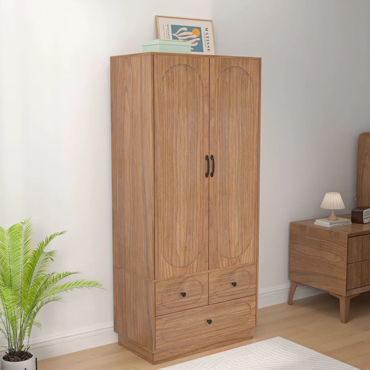 Armoire Wardrobe Closet, Wardrobe Armoire With 3 Drawers And 2 Fluted Doors, Wardrobe Cabinet With Shelves And Hanging Rod, Freestanding Armoire Cabinet