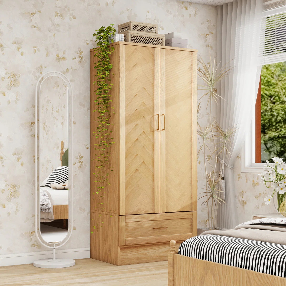 2 Doors Wardrobe Armoire 100% Soild Wood Storage Cabinet, 70.87"H Wardrobe Closet with Drawer and Hanging Rod, Natrual Wood Finish