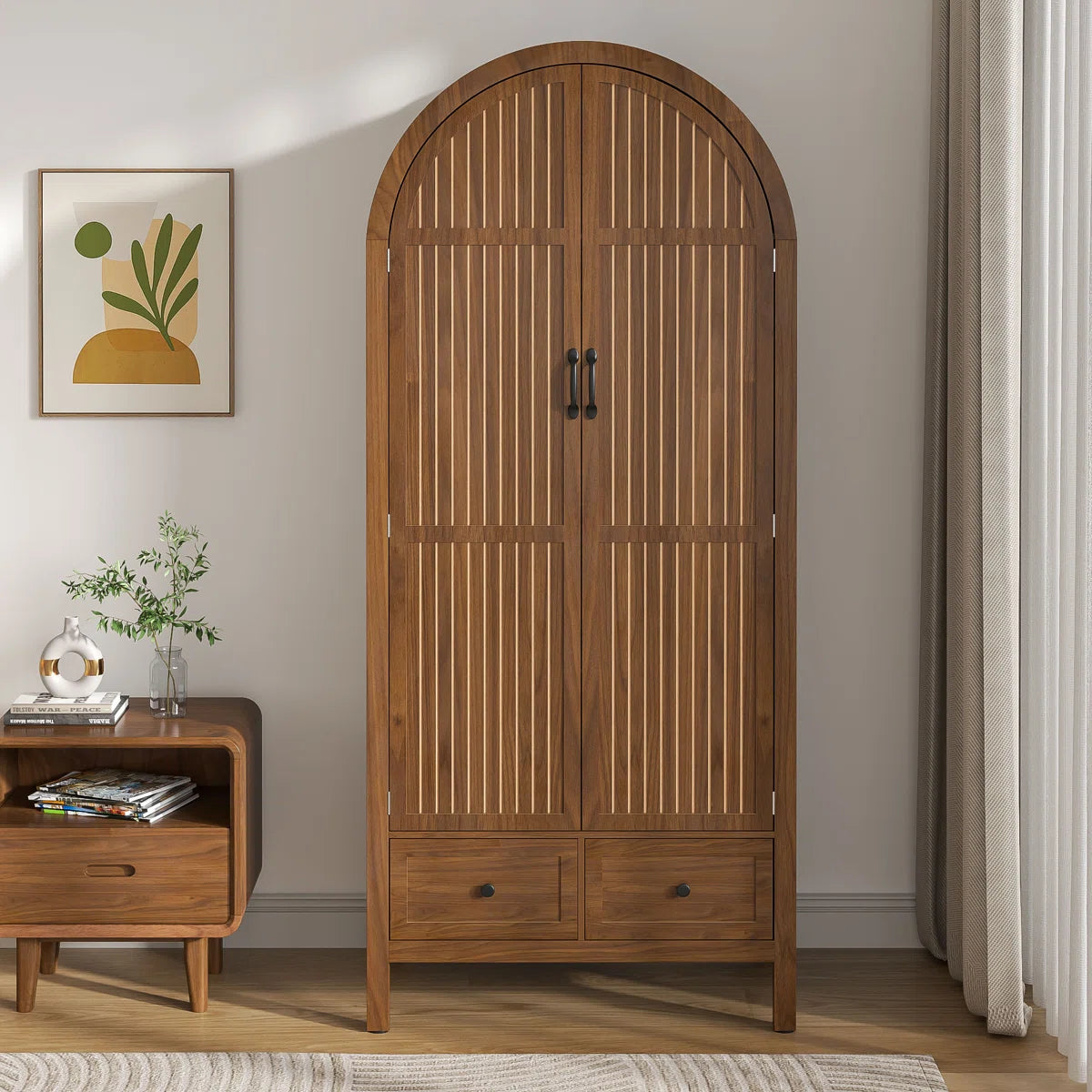 Armoire Wardrobe Closet with 2 Arched Fluted Doors, Wardrobe Cabinet with 2 Drawers, Wardrobe Armoire with Shelves and Hanging Rod for Bedroom