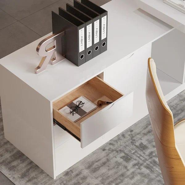 Ren White L-Shape Executive Desk Drawers & Cabinet Large Office Desk Left Hand - Ouch Cart 