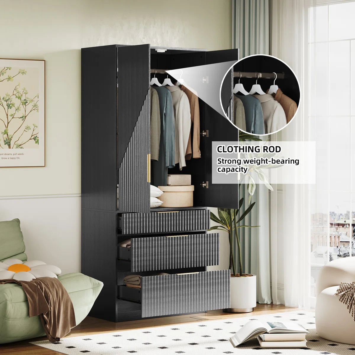 2 Doors Armoire Wardrobe With Three Large Drawers And Hidden Storage
