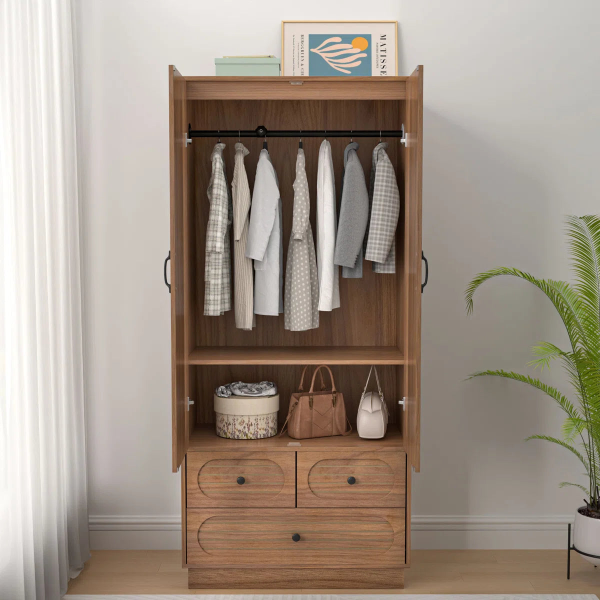 Armoire Wardrobe Closet, Wardrobe Armoire With 3 Drawers And 2 Fluted Doors, Wardrobe Cabinet With Shelves And Hanging Rod, Freestanding Armoire Cabinet