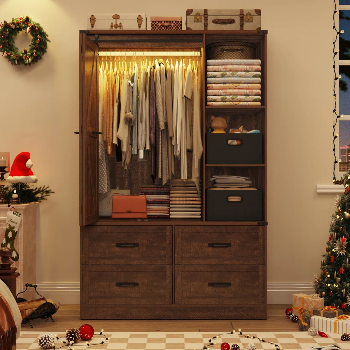 73.00''H Armoire Wardrobe With Sensor Light, Drawers, And Hanging Rod