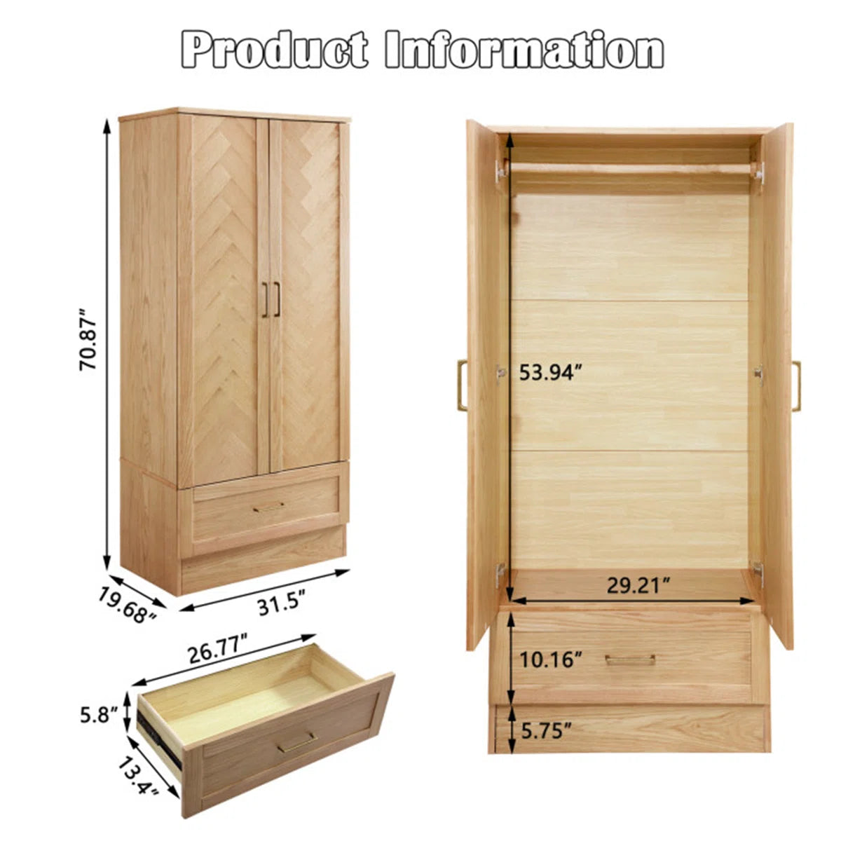 2 Doors Wardrobe Armoire 100% Soild Wood Storage Cabinet, 70.87"H Wardrobe Closet with Drawer and Hanging Rod, Natrual Wood Finish