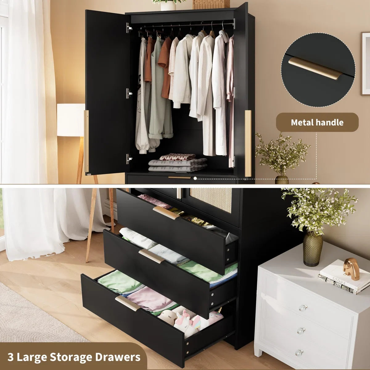 Armoire Wardrobe Closet, 69.5" Wooden Wardrobe Cabinet with 3 Drawers, Hanging Rod, 2 Doors Clothing Storage Cabinet for Bedroom, Large Capacity Storage, Rattan Door