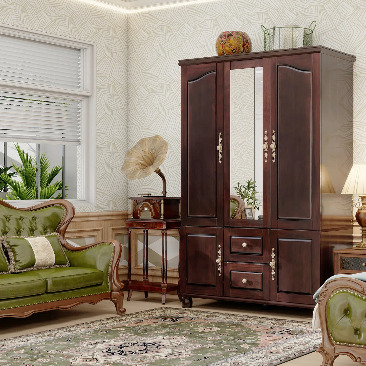 100% Solid Wood 3-door Wardrobe Armoire with Mirror & 2 Hanging Rods, 70.87"H