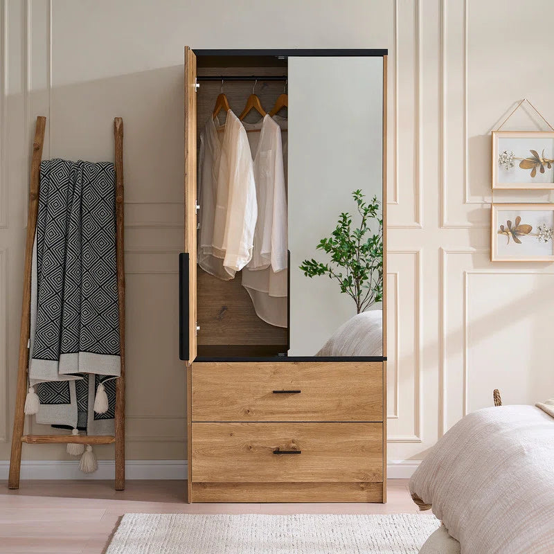 71" H Armoire Wardrobe Wood Cabinet With 2 Drawers and Mirror