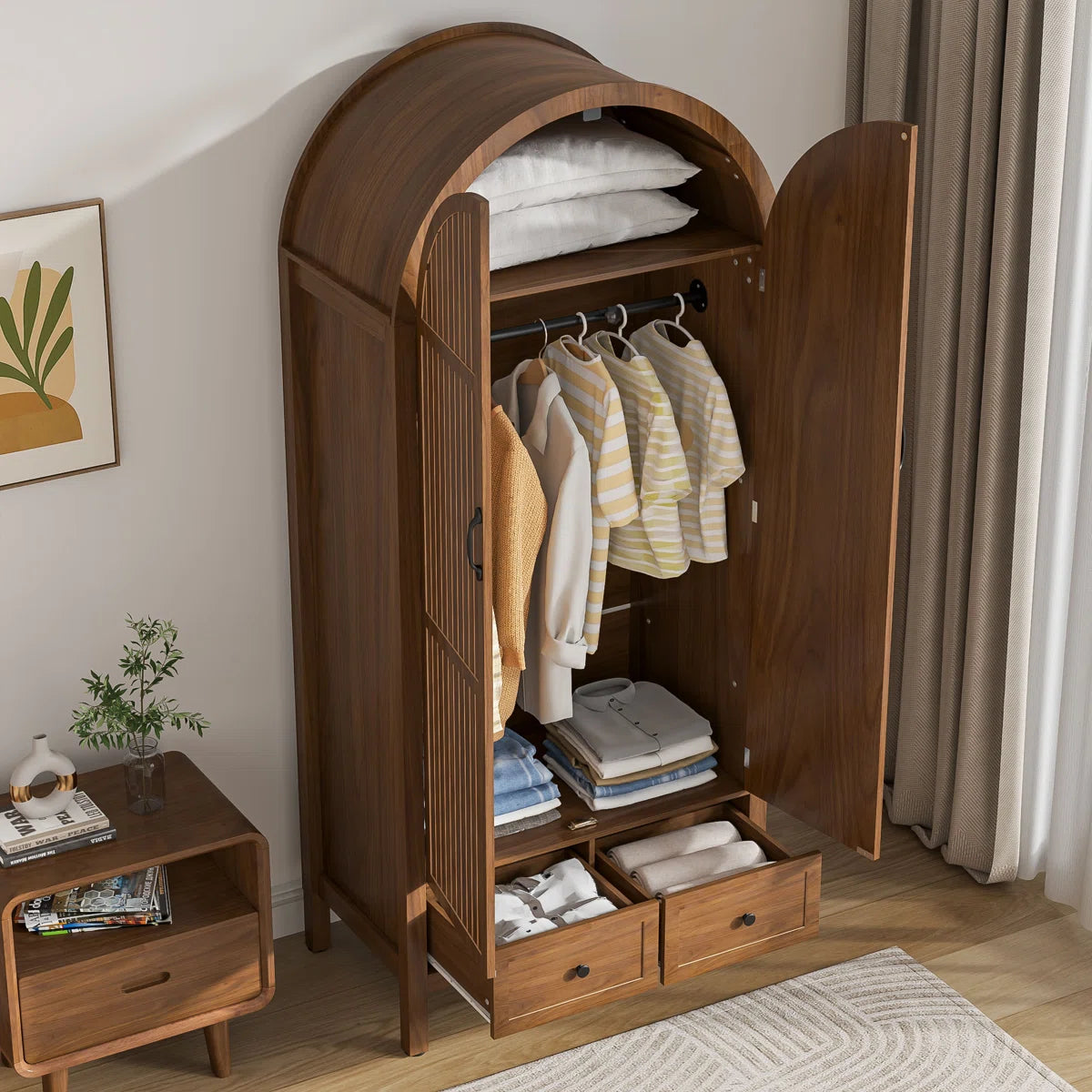 Armoire Wardrobe Closet with 2 Arched Fluted Doors, Wardrobe Cabinet with 2 Drawers, Wardrobe Armoire with Shelves and Hanging Rod for Bedroom