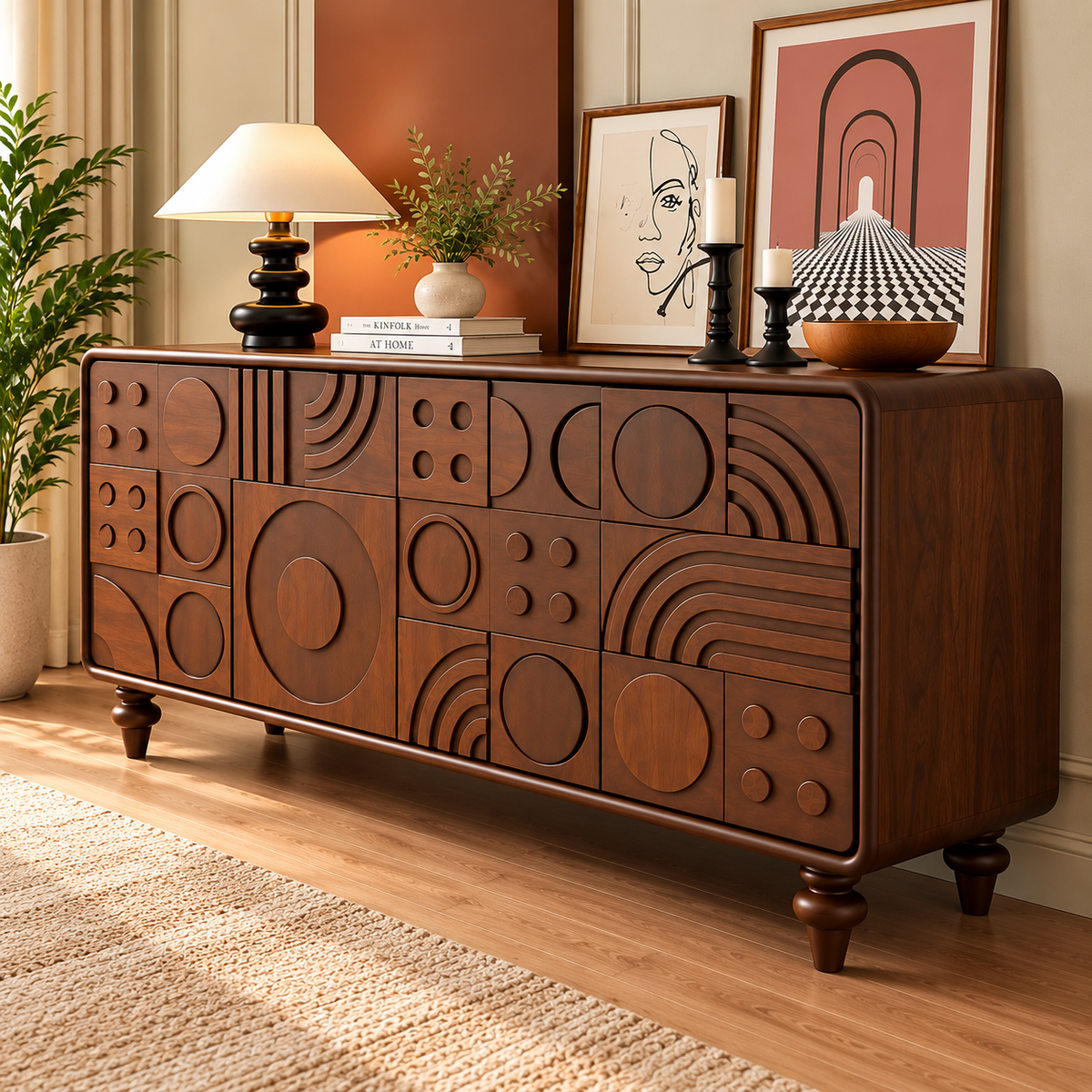 Solid Wood Sideboard Cabinet with Geometric Carved Design