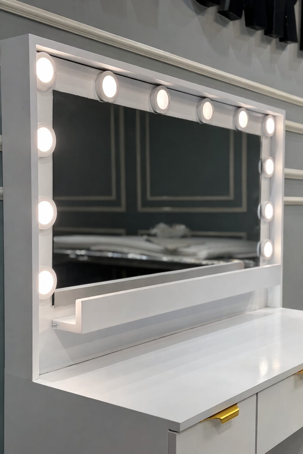 Vanity Table with Lighted Mirror, 9 Drawers, Built-In Power Outlet, and Spacious Storage