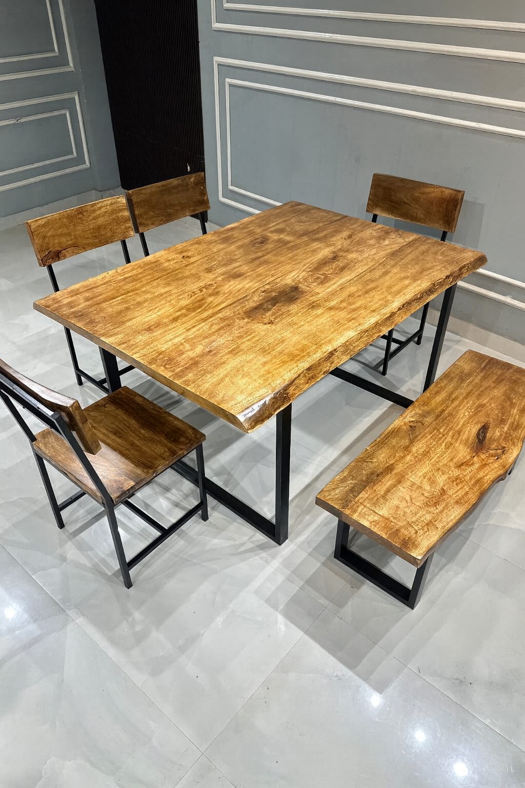 Solid Wood Industrial Dining Table Set with Bench & Chairs | Rustic Modern Design (6-Seater)
