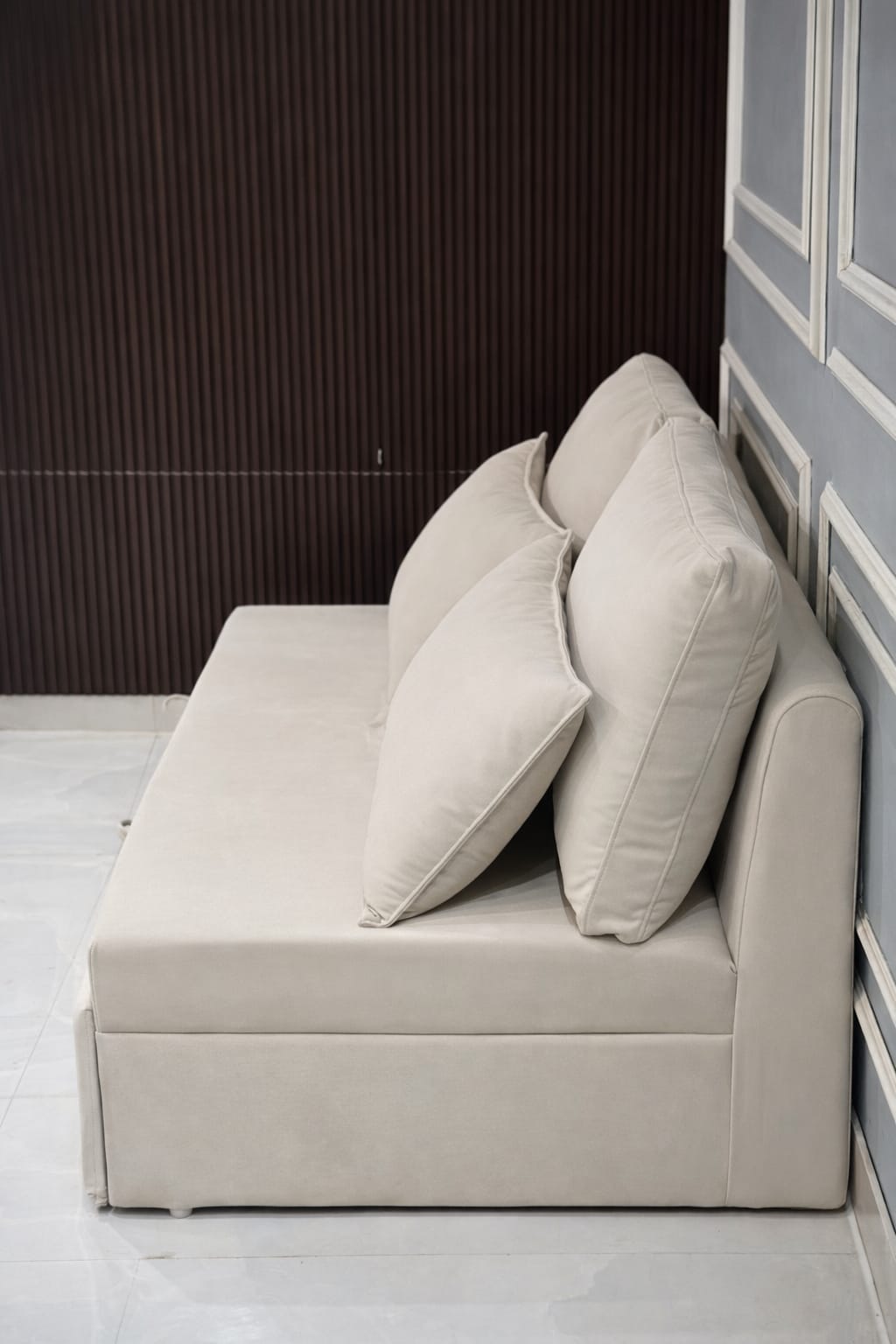 Premium Upholstered Sofa Cum Bed with Cushioned Backrest | Modern Space-Saving Fabric Sofa Bed