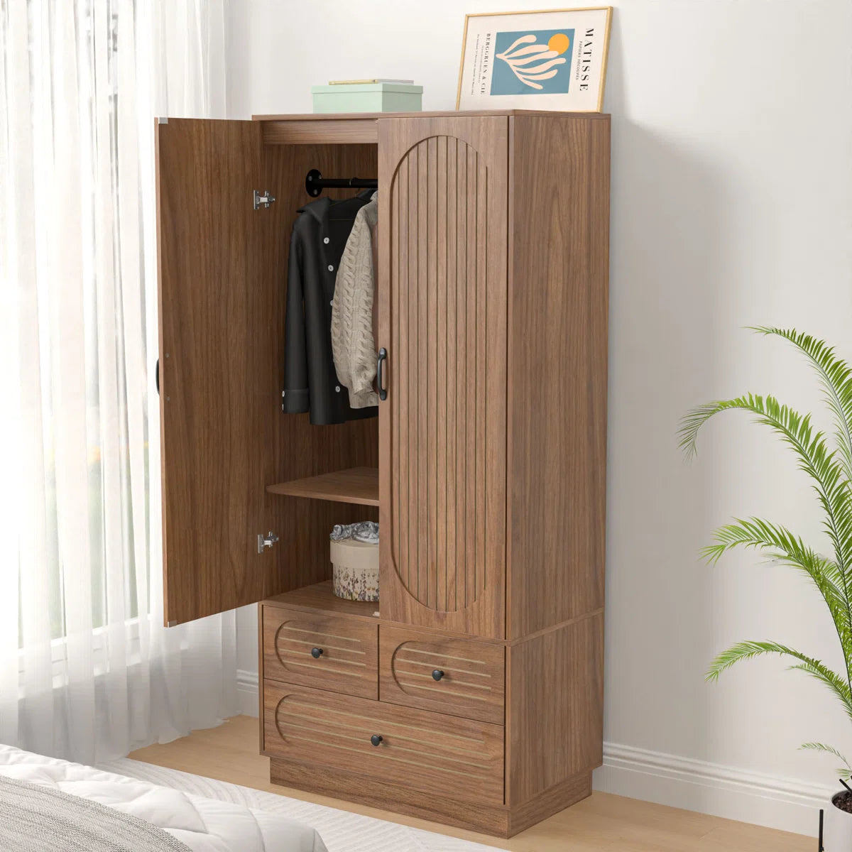 Armoire Wardrobe Closet, Wardrobe Armoire With 3 Drawers And 2 Fluted Doors, Wardrobe Cabinet With Shelves And Hanging Rod, Freestanding Armoire Cabinet