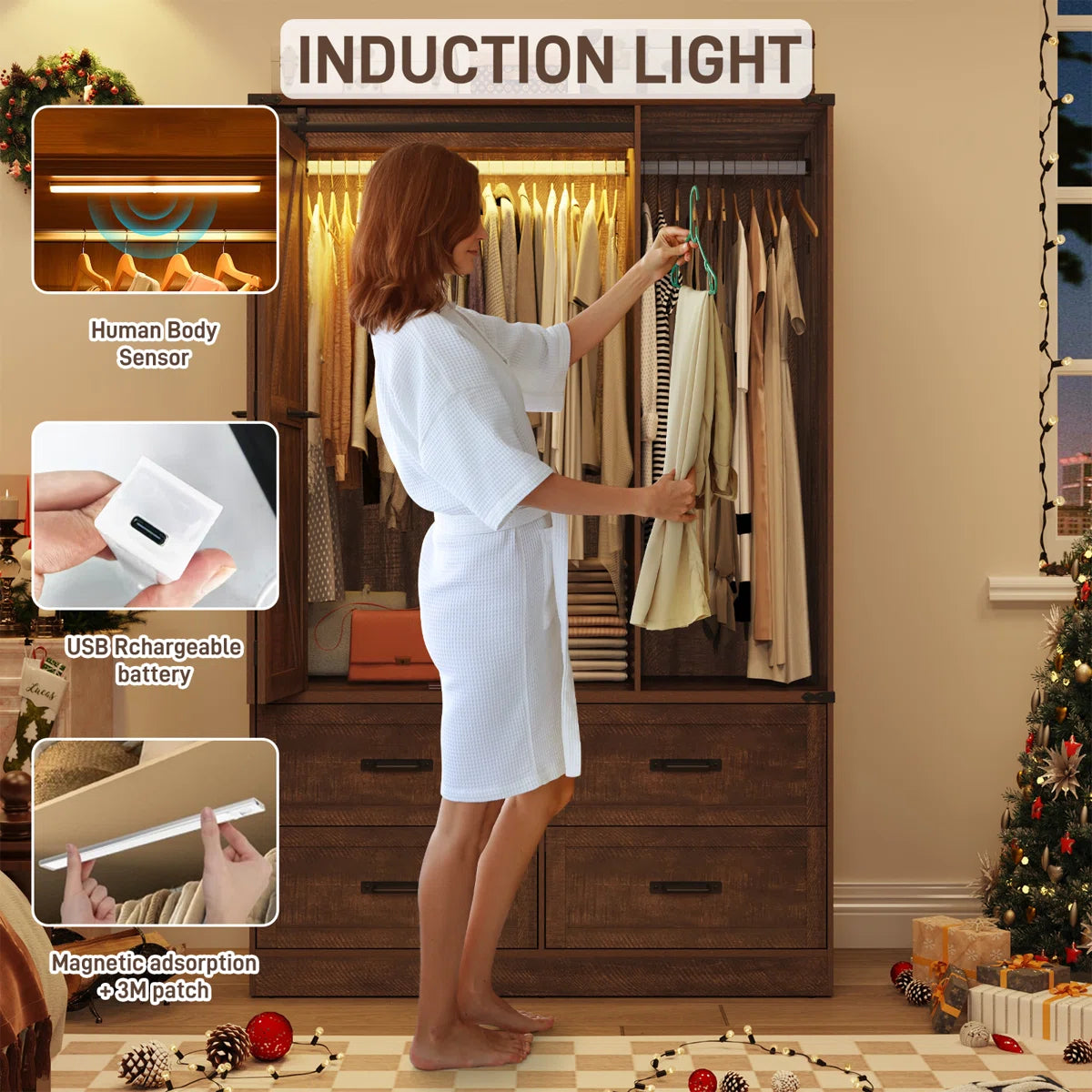 73.00''H Armoire Wardrobe With Sensor Light, Drawers, And Hanging Rod