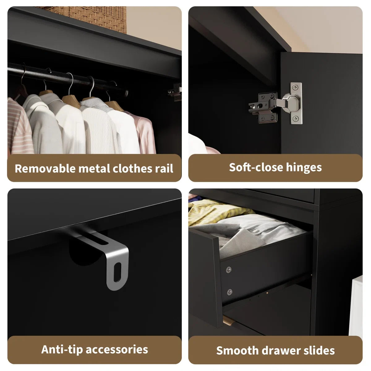 Armoire Wardrobe Closet, 69.5" Wooden Wardrobe Cabinet with 3 Drawers, Hanging Rod, 2 Doors Clothing Storage Cabinet for Bedroom, Large Capacity Storage, Rattan Door