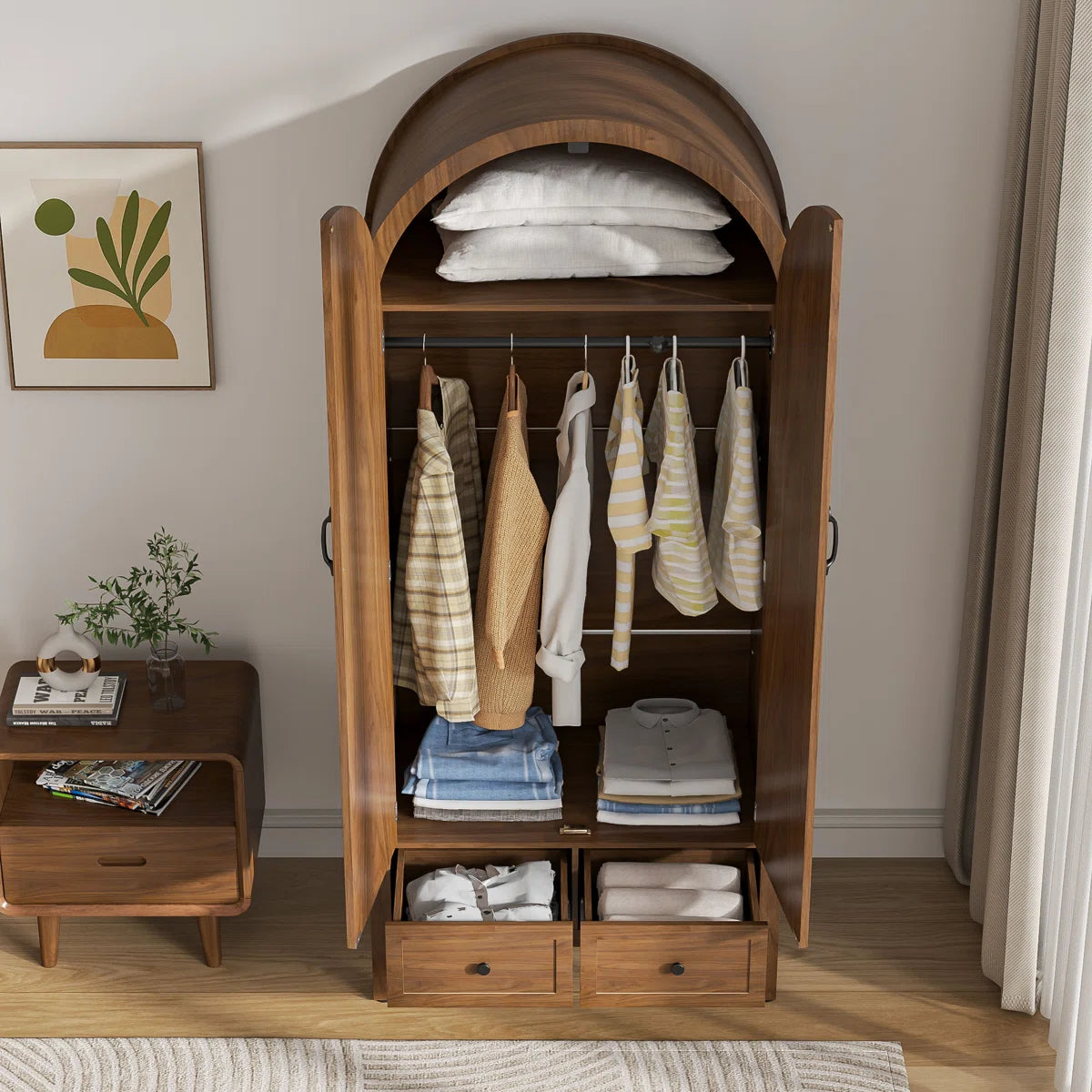 Armoire Wardrobe Closet with 2 Arched Fluted Doors, Wardrobe Cabinet with 2 Drawers, Wardrobe Armoire with Shelves and Hanging Rod for Bedroom