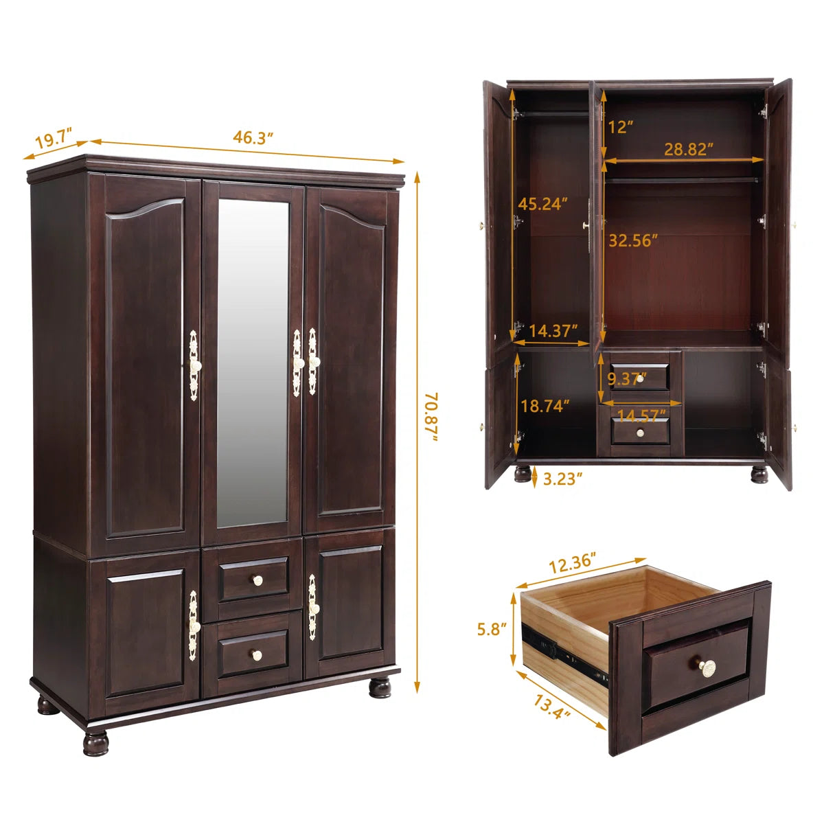 100% Solid Wood 3-door Wardrobe Armoire with Mirror & 2 Hanging Rods, 70.87"H