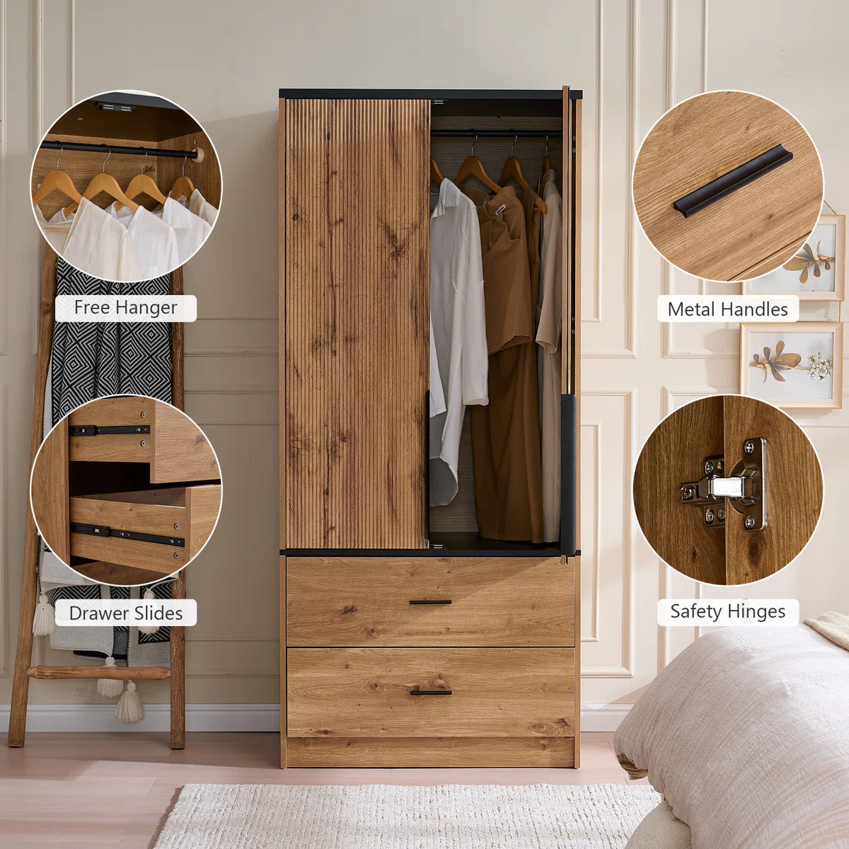 71" H Armoire Wardrobe Wood Cabinet With 2 Drawers and Mirror