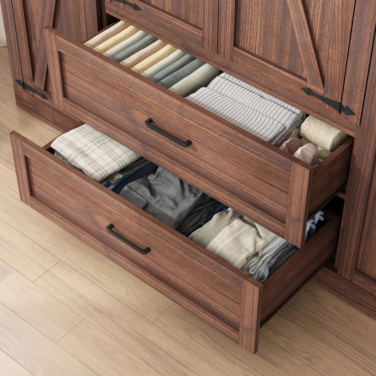 70.10" Farmhouse 4 Door Armoire Wardrobe With 2 Drawers, Hanging Rod And 2 Adjustable Shelves For Bedroom