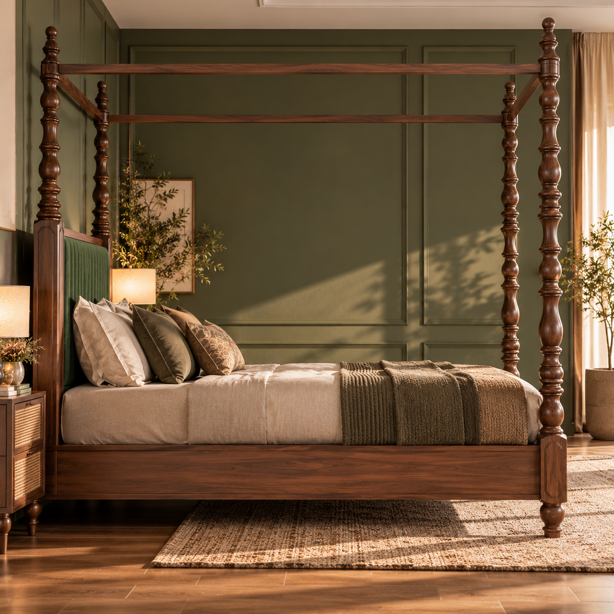 Luxury Wooden Four Poster Bed with Green Upholstered Headboard, Walnut Finish, Elegant Canopy Bed for Bedroom