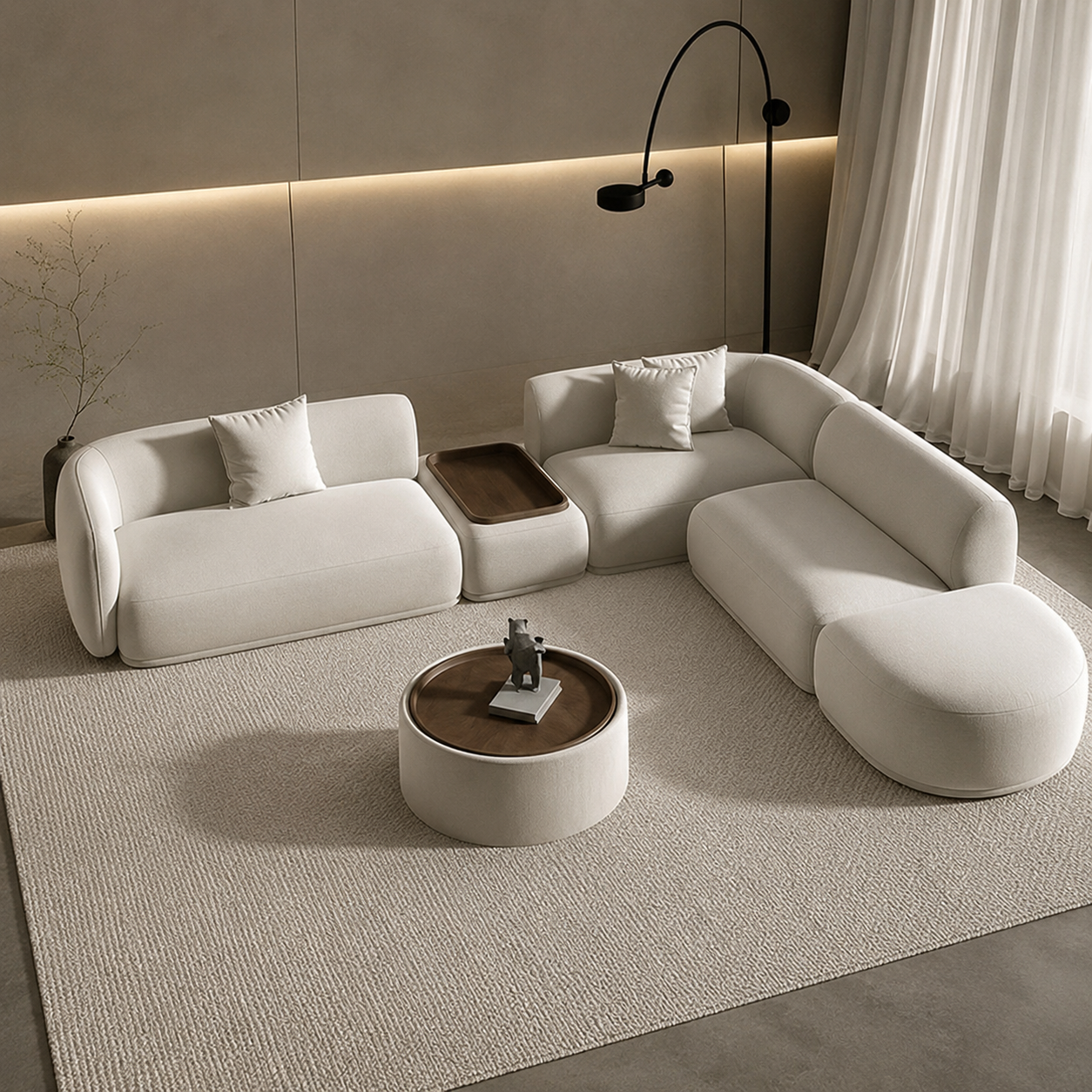 Ouch Cart Modern Curved Modular Sectional Sofa with Wooden Side Tray | Luxury Bouclé Upholstered L-Shaped Sofa Set for Living Room | Minimalist Contemporary Couch, Cream White