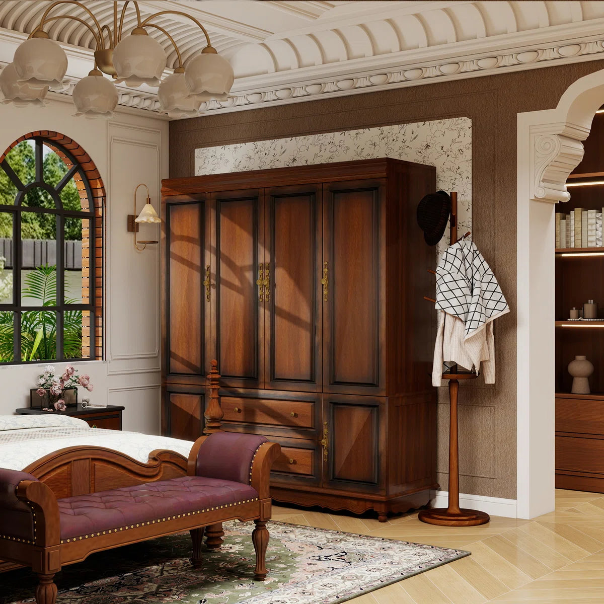100% Solid Wood Wardrobe Armoire, Farmhouse 4-door 70.87"H Bedroom Armoire Closet with Drawer and Hanging Rod